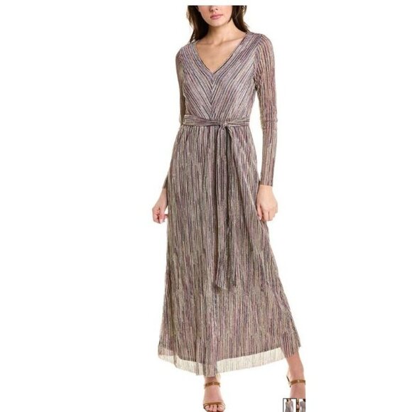 Anne Klein Womens Maxi Dress Long Sleeve Metallic Striped Size 8 New - Picture 1 of 12